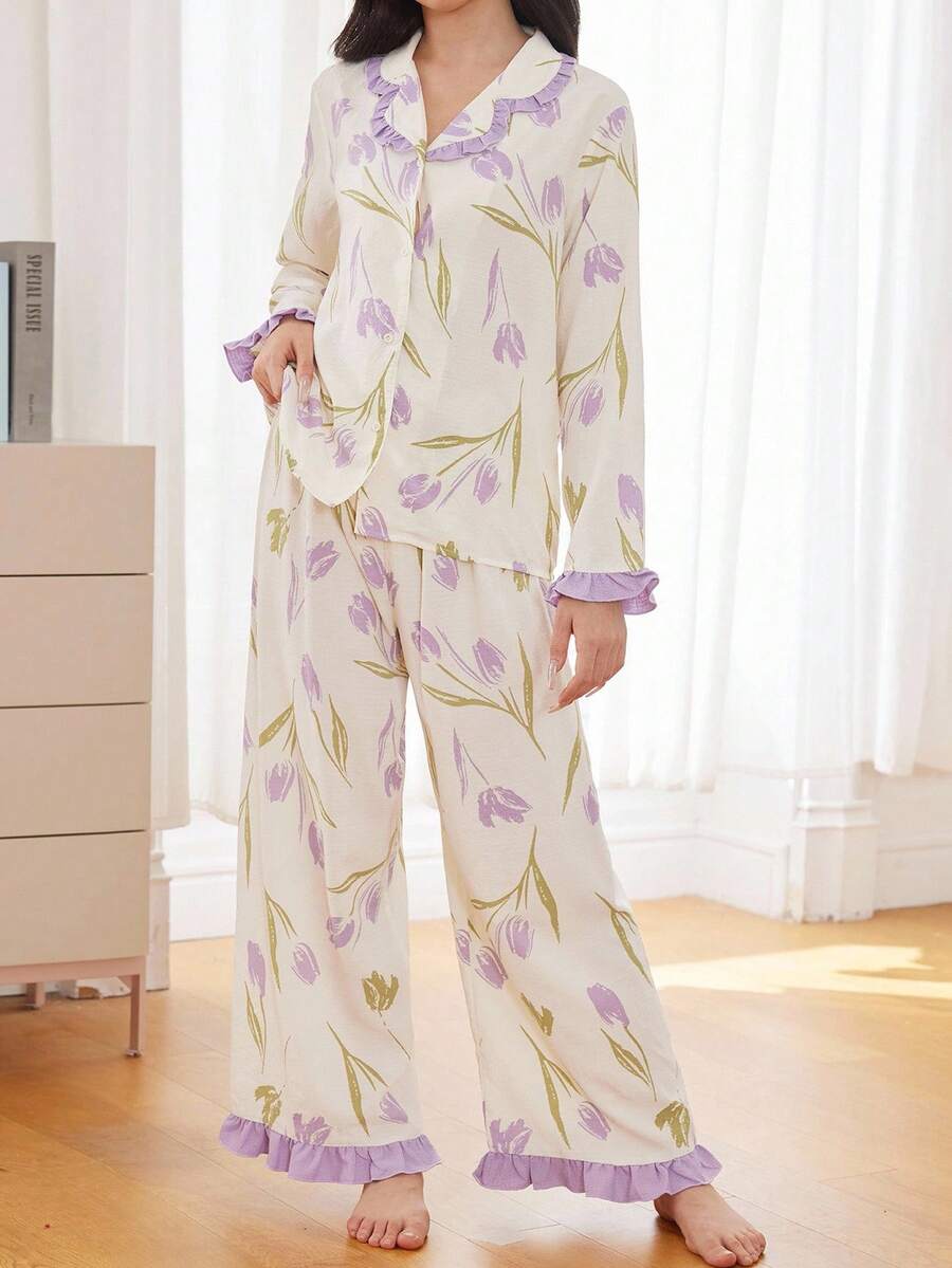 Teen Girls Casual Home Cute Flower Print Pattern Contrast Color Stitching Ruffled Home Wear Suit,Tulip Printed Ruffled Hem Pajama Set, Holiday Season - Multicolor - View 1