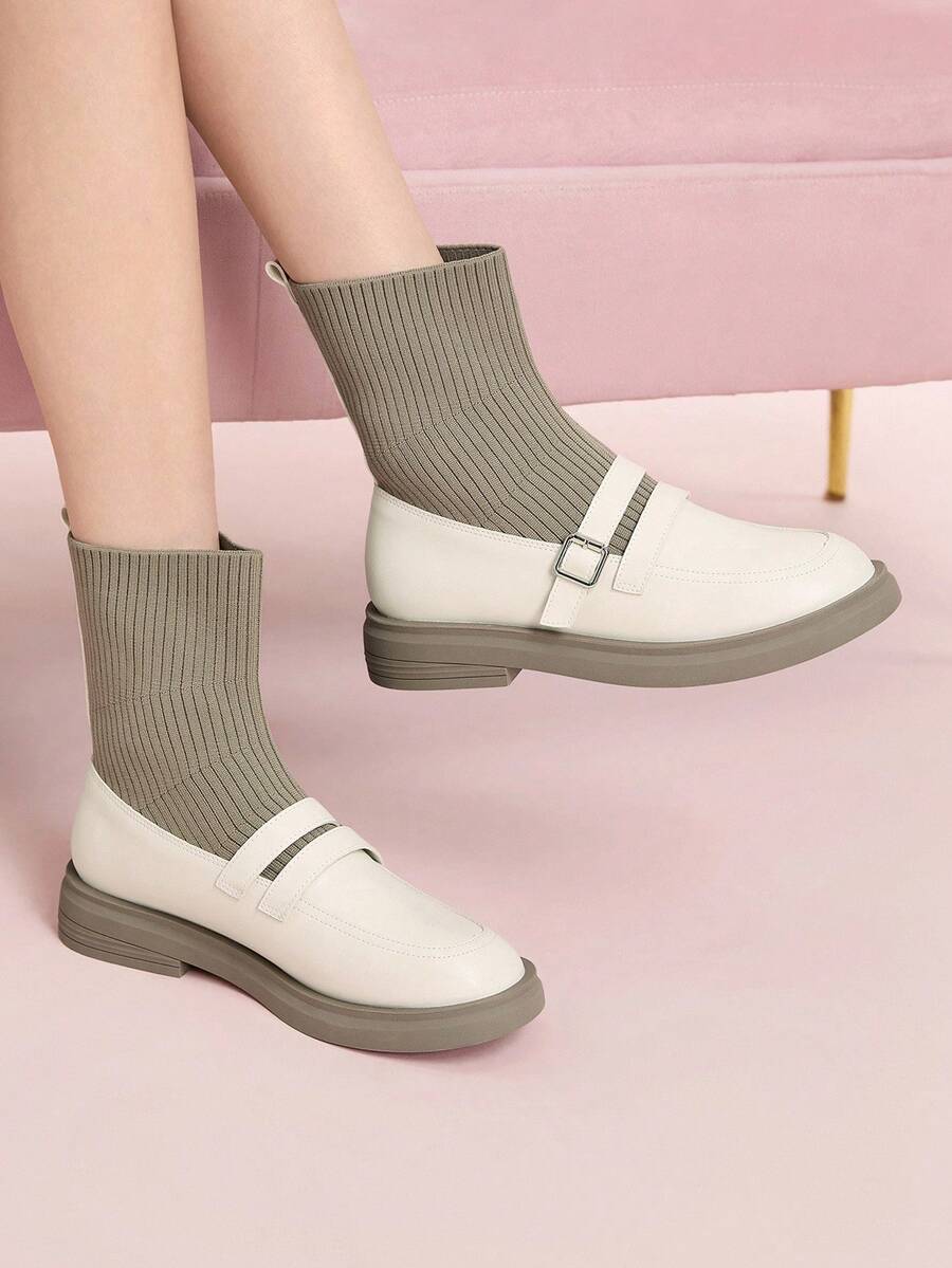 CUCCOO DOLLMOD Women's Thick Sole Loafer Sock Boots, Knitted Slim Ankle Boots, Beige, Casual College Style, Autumn/Winter - Apricot - View 1