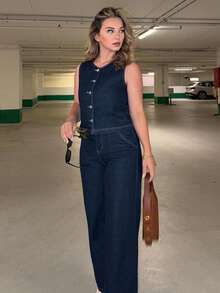 Jeta Ari Women Casual Single-Breasted Striped Denim Vest And Loose Wide-Leg Pants Set - Dark Wash - View 4