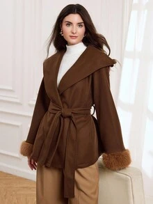 Miaspire Women's Elegant Wool Blend Hooded Cardigan Coat With Belt, Deep Brown, Fuzzy Cuffs, High-Quality Silhouette Autumn Winter Clothes For Women - Brown - View 6