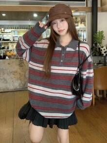 DAZY 女士休闲条纹韩版翻领长袖毛衣 - 灰色 - 查看 5