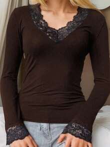 SHEIN EZwear 休闲深V领蕾丝边修身长袖T恤，适合秋冬季 - 棕色 - 查看 6