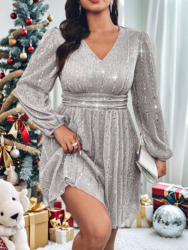 Vionelle Plus Size Women's Sequin Ruched Long Sleeve Pink Valentine's Day Dress Fall Cloth For Women Glitter Dress Long Sleeve Sequin Dress Silver Dress For Women Silver Sequin Dress Sequin Dress