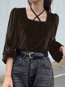 FRIFUL Áo thun nữ cổ vuông tay dài màu đen trơn, cổ bẻ, thắt nơ, thường ngày, đa năng, mùa thu - màu nâu - Xem 4