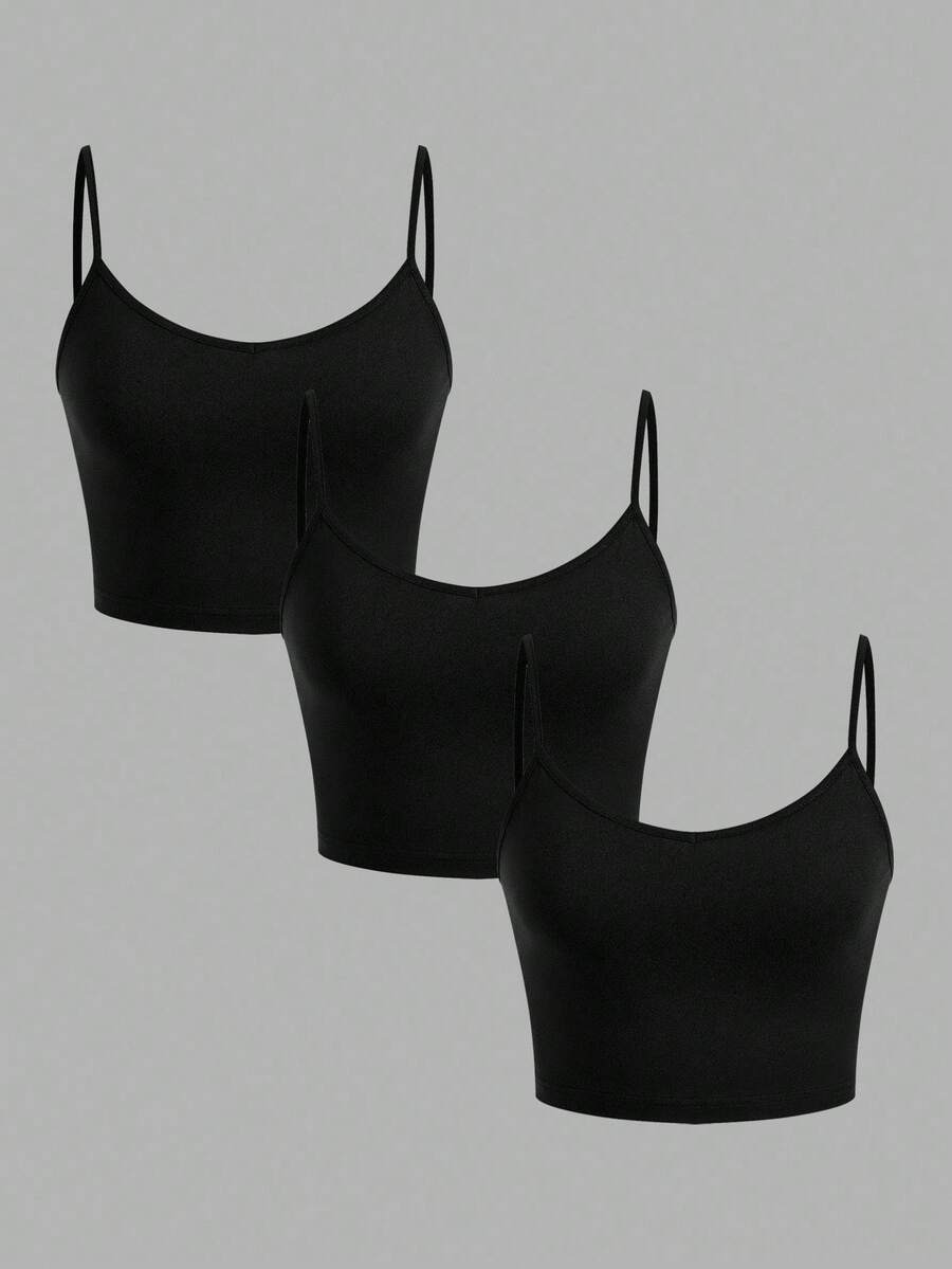 SHEIN EZwear 3 chiếc áo ba lỗ ngắn thường ngày cho nữ - màu đen - Xem 1