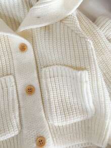 SHEIN 幼儿男童可爱休闲白色口袋毛衣连帽衫，3D 耳朵设计，毛衣裤套装，适合秋冬季寒冷天气外出或休闲穿着 - 淺灰色 - 查看 8