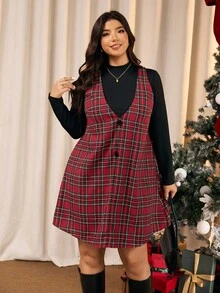Elaquor Plus Size Casual Plaid Dress + Black Knit T-Shirt 2 Piece Set, Minimalist Red Plaid, Suitable For Christmas Party/Winter - Multicolor - View 1