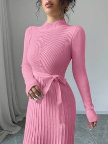 Elenzga Vestido de punto con cuello y cinturón de unicolor elegante para ir al trabajo - Rosa - Ver 5
