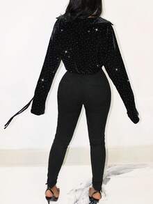 BamGleam Women's Velvet Rhinestone Embellished Front Twist Slit Sleeve Blouse - Black - View 2