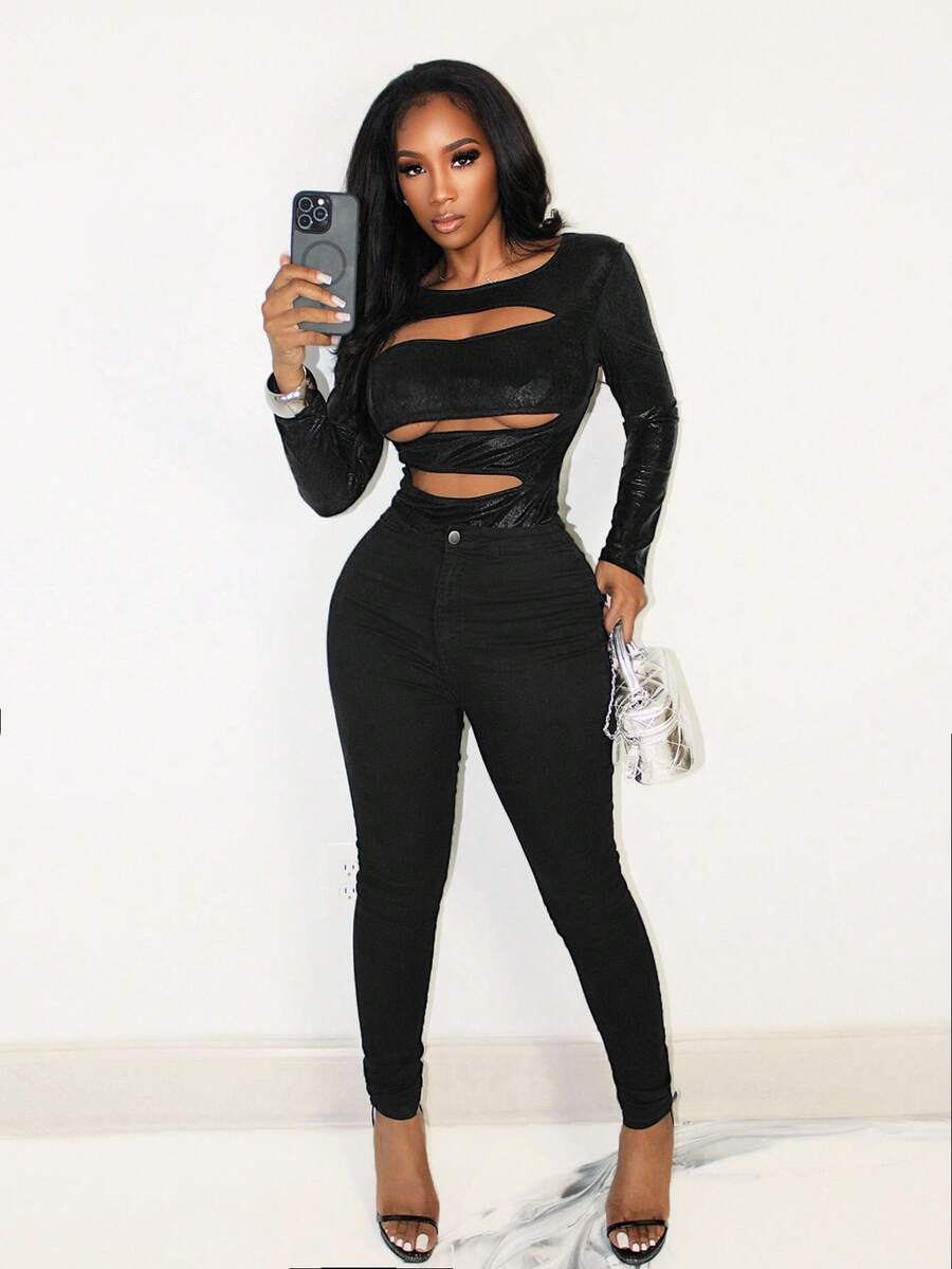 BamGleam Women's Crew Neck Long Sleeve Cutout Design Fitted Sexy T-Shirt