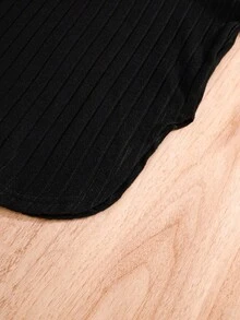 2pcs/Set Girls Ribbed Knit Fleece Warm Hooded T-Shirt Set,Cute Embroidered Bow,Curved Hem,Black Pink,Autumn,School,Back-To-School Stretchy Fitted Wear - Black - View 5