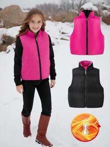 Girls' Casual Reversible Sleeveless Padded Vest With Stand Collar, Suitable For School And Commute, Autumn/Winter - Multicolor - View 6