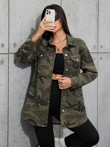 Teen Girl Camouflage Denim Lapel Long Sleeve Long Jacket