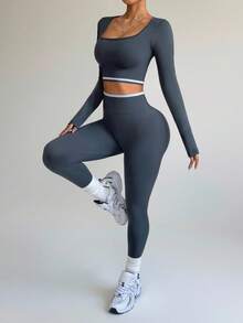 SHEIN Dewbera 2025秋冬女士无缝紧身长袖运动服套装瑜伽健身跑步圆领 - 灰色 - 查看 4