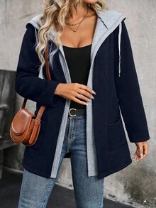 SHEIN CURVE+ 女士保暖内衬休闲通勤时尚法式优雅街头复古百搭假日商务杏色长袖二合一常规夹克，秋冬 - 彩色 - 查看 5