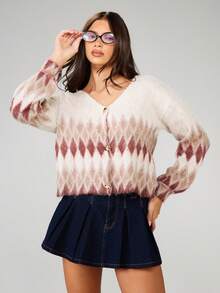 MISSGUIDED 破洞针织纽扣前开衫钻石图案秋冬超大毛衣波西米亚舒适宽松长袖休闲针织衫 - 彩色 - 查看 6