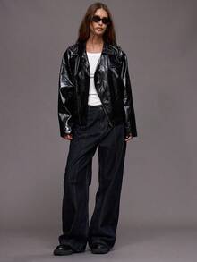 MUSERA Faux Leather Asymmetric Zip Through Collared Jacket Winter Night Out Going Out Streetwear Cute Back To School Sexy Uncut - Black - View 5