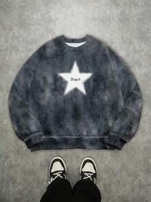 Manfinity ZONE917 Men Casual Street Style Faux Denim Effect White Star & Angel Print Thermal Lined Pullover Sweatshirt, Fall/Winter