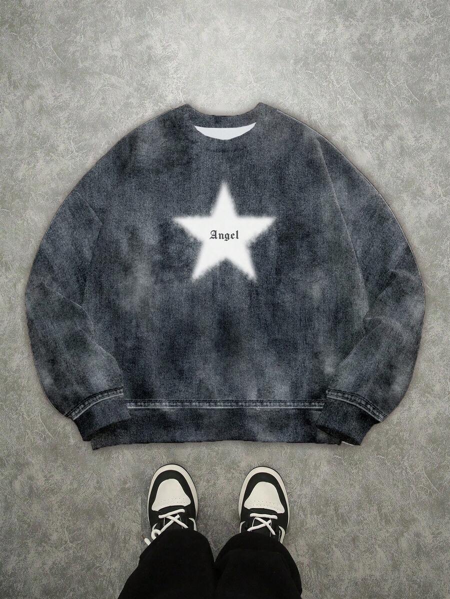 Manfinity ZONE917 Men Casual Street Style Faux Denim Effect White Star & Angel Print Thermal Lined Pullover Sweatshirt, Fall/Winter