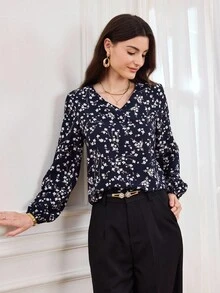 SHEIN LUNE 女士碎花V领灯笼袖宽松休闲衬衫，休闲款 - 彩色 - 查看 5