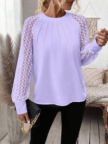 EMERY ROSE Women's Solid Color Casual Loose Fit Round Neck Long Sleeve Shirt - Lilac Purple - View 3