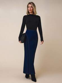 COSMINA 女式高腰鱼尾下摆长款优雅牛仔半身裙 - 藏蓝色 - 查看 4