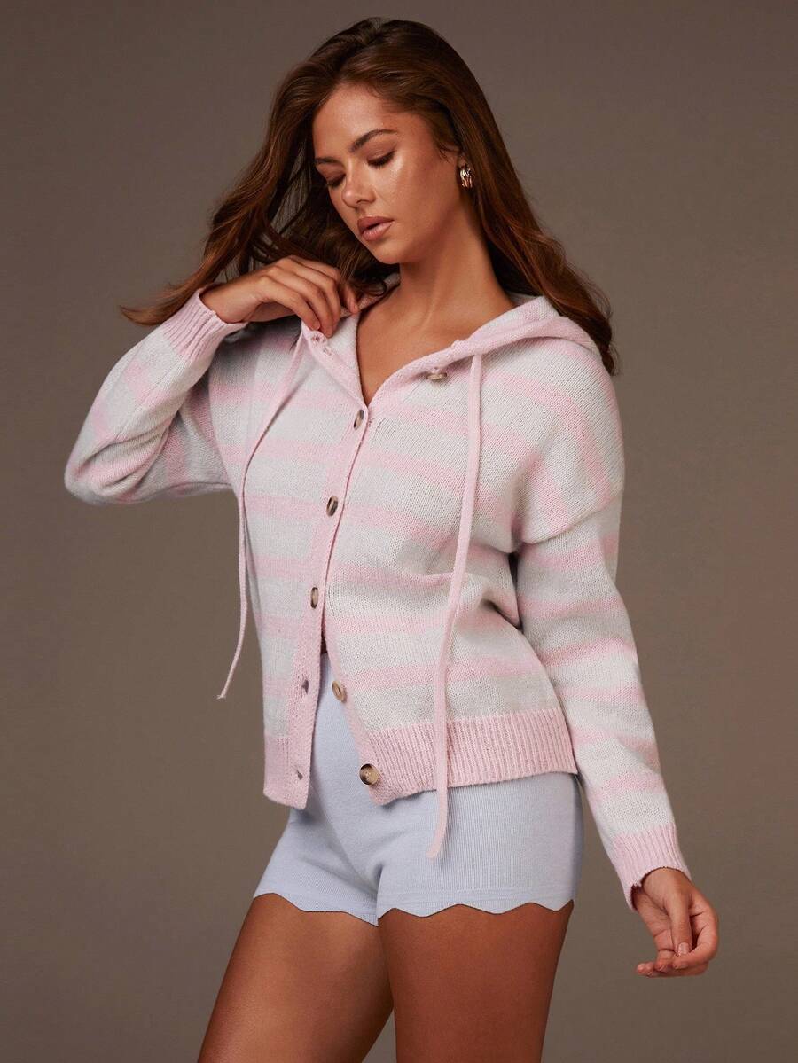 Athîral Cárdigan con capucha a rayas casual para mujer, cárdigan de punto a rayas, ropa de mujer para otoño, Halloween, ropa de invierno para mujer, ropa exterior para mujer, temporada de regreso a la escuela, cárdigan a rayas rosa, suéter a rayas casual, otoño e invierno. - Multicolor - Ver 1