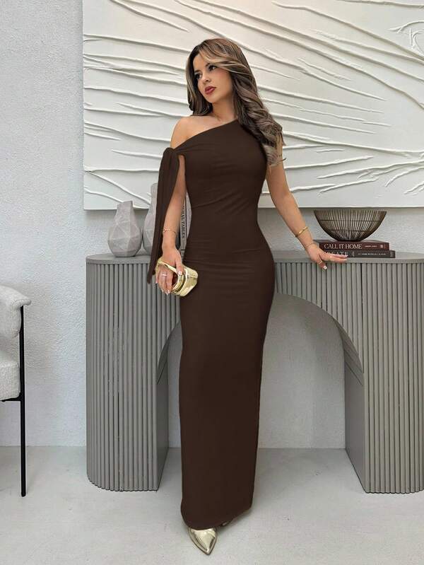 Jemour Women Solid Color Asymmetrical Shoulder Tie-Up Ruched Elegant Side Slit Evening Dress, Graduation Season