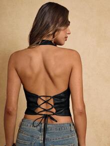 SHEIN BAE 女式纯色时尚拉链领PU皮革露背上衣 - 黑色 - 查看 2