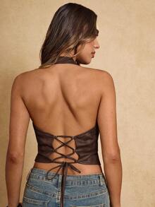 SHEIN BAE Women's Sexy Fashion Street Vacation Western Style PU Leather Backless Lace-Up Zipper Front Halter Top, Summer,Brown Top