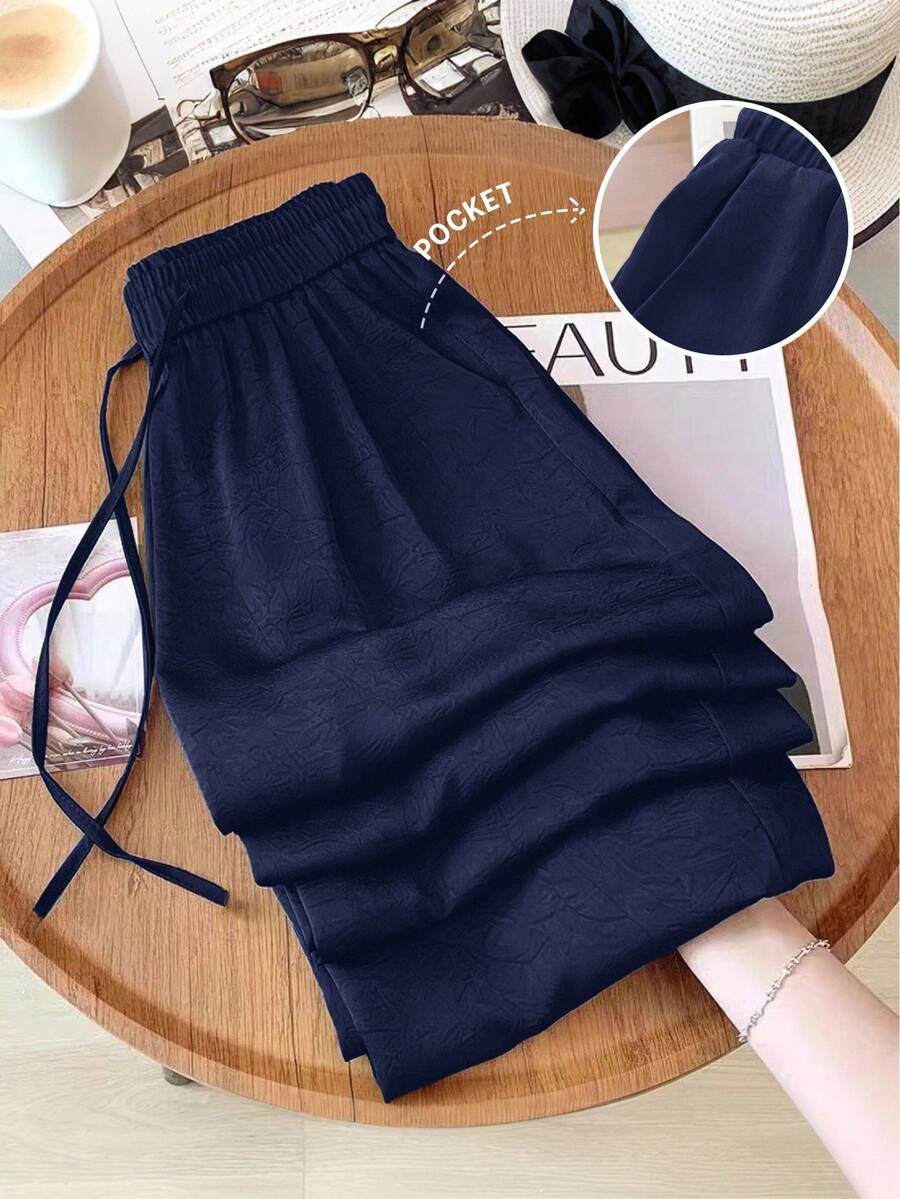 GlowEve Women's Textured Satin Drape Comfortable Elegant Casual Vacation Wide Leg Pants, Spring/Summer - Royal Blue - View 1