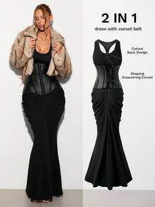 Nuvra 2 件套紧身腰束腰连衣裙，褶皱臀部设计，黑色露背美人鱼连衣裙，休闲性感派对礼服 - 黑色 - 查看 5