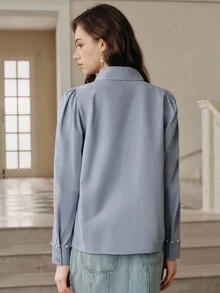 Anewsta Savoree Áo cánh tay phồng đính ngọc trai giả thanh lịch cho nữ - Màu xanh lam - Xem 2