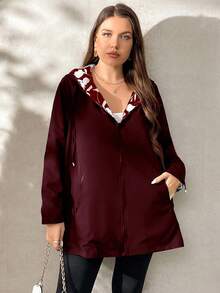 SHEIN Clasi Reversible Plus Size Jacket, One Side Printed Black & White, One Side Solid Color, Suitable For Autumn/Winter - Burgundy - View 3
