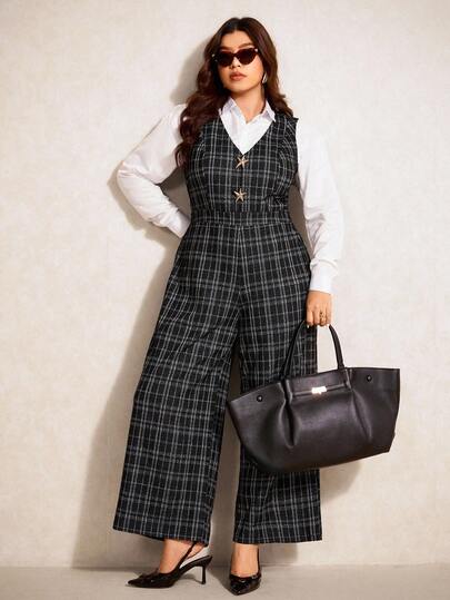 Elaquor 大码时尚格子阔腿连体裤