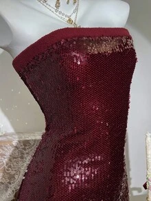 SHEIN Unity Sequin Embellished Strapless Faux Fur Bodycon Dress For Women - Red - View 5