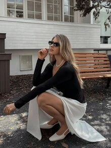 Elyressa 女士优雅百搭黑白拼接拼色开叉下摆修身连衣裙，适合日常通勤 - 彩色 - 查看 4