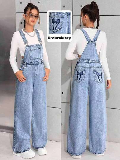 SHEIN 少女时尚休闲 Y2K 复古酷炫街头返校学院风蓝色宽松长款牛仔裤，后袋饰有蝴蝶结图案，适合少女日常穿着，也适合少女秋冬季参加锐舞派对、音乐节和街头服饰。