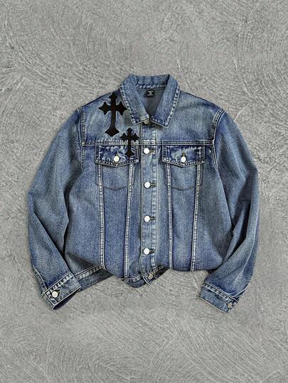 Teenager Jungen Mode Lässig Y2K Vintage Cool Straßen-Rückkehr zur Schule College Straßenmode Kreuz-Stickereimuster nostalgische blaue Jeans Kragen Langarm-Jacke für Teenager Jungen Kleidung, Teenager Jungen Kostüm Alltagskleidung und Teenager Jungen Winter- und Herbst Rave-Outfits Festival und Streetwear Kleidung