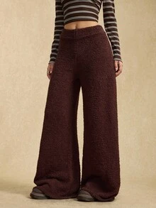 Easelle 女士休闲棕色宽松阔腿针织裤，秋冬 - 棕色 - 查看 5