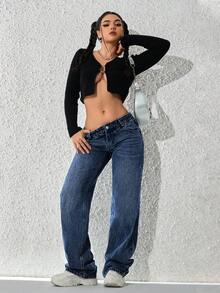 SHEIN ICON Women's Pocket Loose Wide Leg Casual Versatile Jeans - Dark Wash - View 4