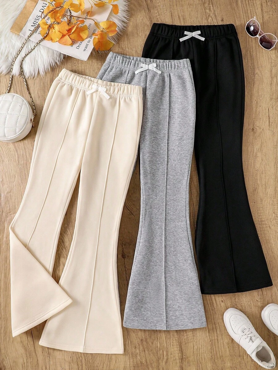 Sparklyn 3 件套青少年女孩休闲直筒裤，加厚保暖内衬，蝴蝶结抽绳，百搭款式，秋冬 - 彩色 - 查看 1