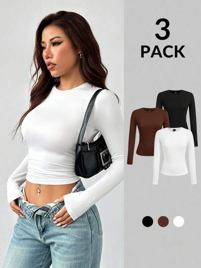 SHEIN PETITE Women's Three Pieces Round Neck Casual Tight-Fitting Solid Color Long-Sleeved T-Shirt Pullover Set Suitable For Spring, Autumn And Winter 3 Packs Tops Long Sleeve Crop Tops Crop Top Pack Shirt Pack Women Basic Tops