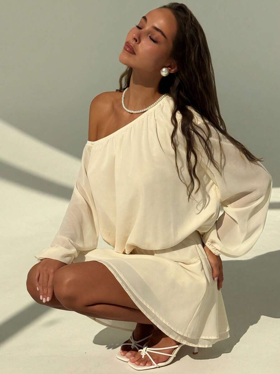 Aloruh Váy voan tay bồng xòe xếp tầng cổ điển, tay cánh dơi rộng, hở vai, không đối xứng, viền xếp lớp, dáng rộng, dành cho nữ, mùa thu/đông - Màu be - Xem 1