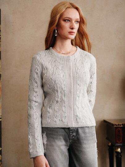 GENKIRA Women's Fitted Style With Concealed Silver Thread Sequin Embroidery Design. For Daily Commuting, Long-Sleeved Round Neck Cardigan Sweater Jacket Fall For Women Women's Winter Sweater Sparkly Party Winter For Women