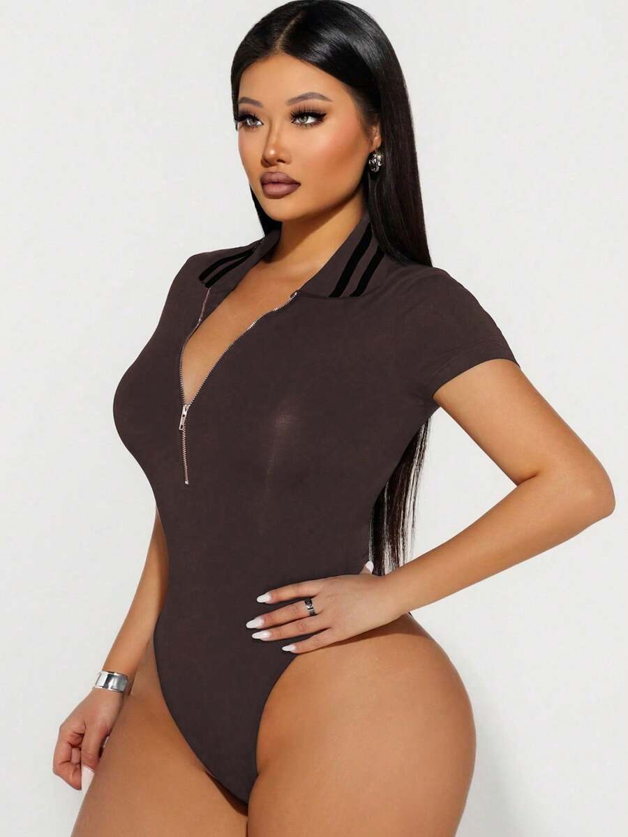 Sirith Women's Summer Striped Patchwork Zip-Up Fitted Bodysuit - Coffee Brown - View 1