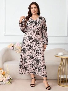 Modelyn 加大码优雅花卉印花中长连衣裙，适合通勤 - 淺粉色 - 查看 5
