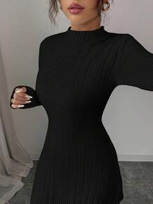 Elenzga Vestido ajustado de línea A de manga larga con cuello alto acanalado, que estiliza y ciñe la cintura para mujeres - Negro - Ver 6