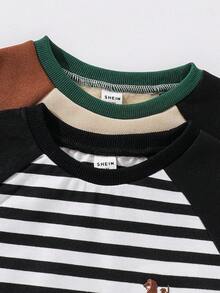 SHEIN 2 件套年轻男童休闲插肩袖拼色刺绣圆领运动衫，温暖舒适，适合户外、学校、日常穿着，适合秋冬季 - 彩色 - 查看 4