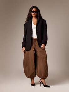 AiiRZ High Rise Harem Wide Leg Palazzo Pants Balloon Trousers With Drawstring Elastic Waistband Autumn Winter Fashion - Coffee Brown - View 2